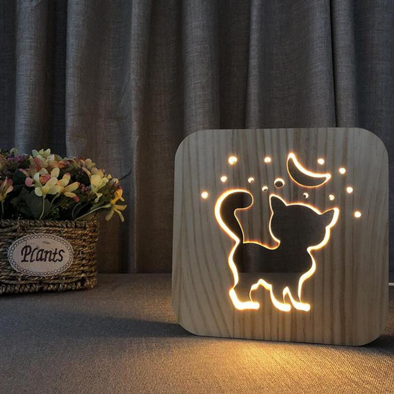 3D LED Wood Night Light - Elephant, Coffee or Kitty
